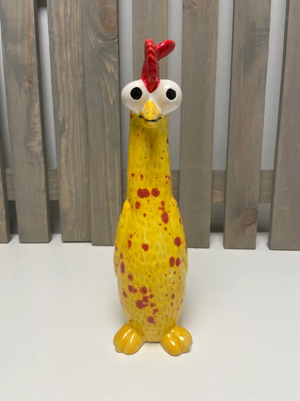 Keramikfigur Huhn stehend mit großen Augen | Gelb-Rot