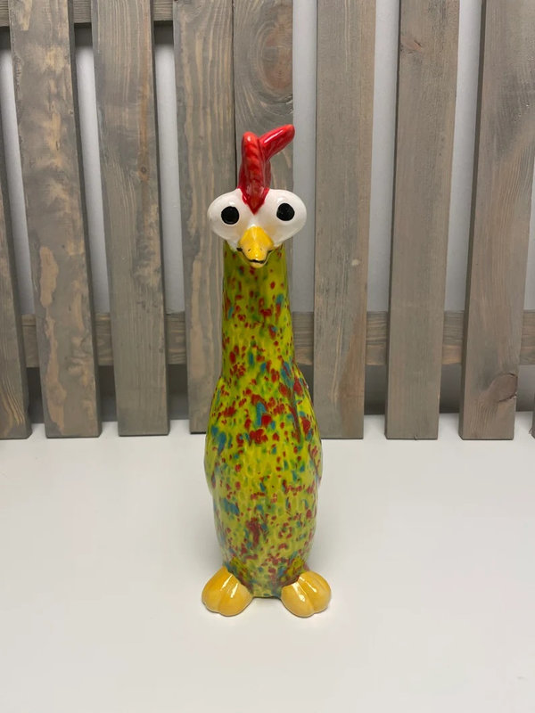 Keramikfigur Huhn stehend mit großen Augen | Neongrün-Konfetti