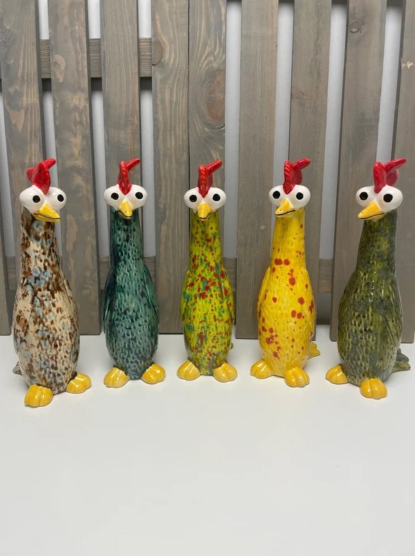 Keramikfigur Huhn stehend mit großen Augen | Neongrün-Konfetti
