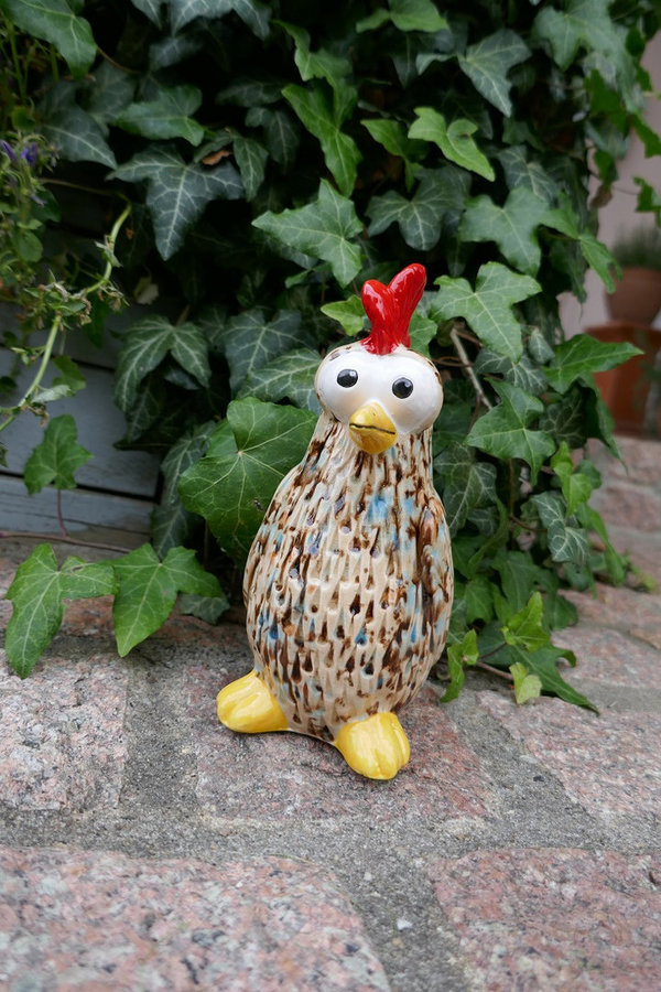 Keramikfigur Huhn stehend klein| Moorhuhn | Beige-Hellblau