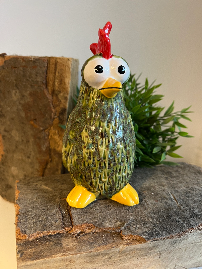 Keramikfigur Huhn stehend klein| Moorhuhn | Moosgrün