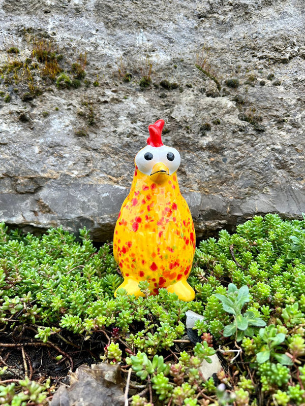 Keramikfigur Huhn stehend klein| Moorhuhn | Gelb-Konfetti