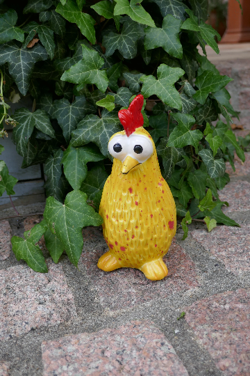 Keramikfigur Huhn stehend klein| Moorhuhn | Gelb-Rot