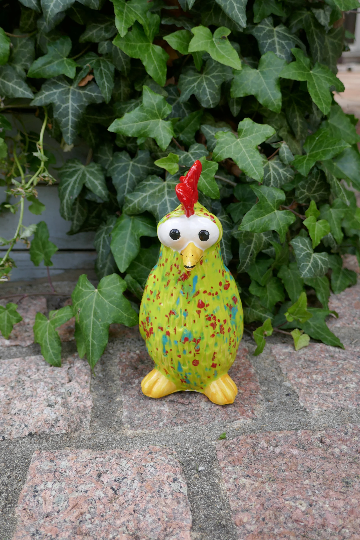 Keramikfigur Huhn stehend klein| Moorhuhn | Neongrün-Konfetti